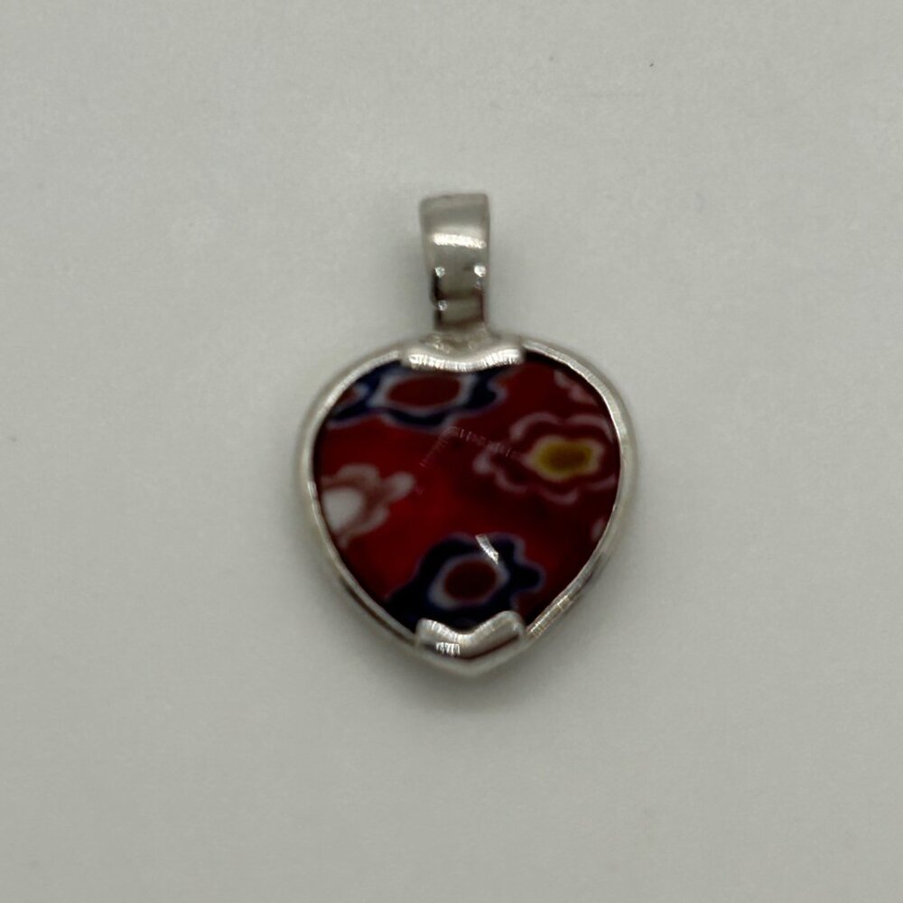 Sterling Silver Heart Pendant With Millefiori Glass Design Red Multicolor 925 - Picture 7 of 11